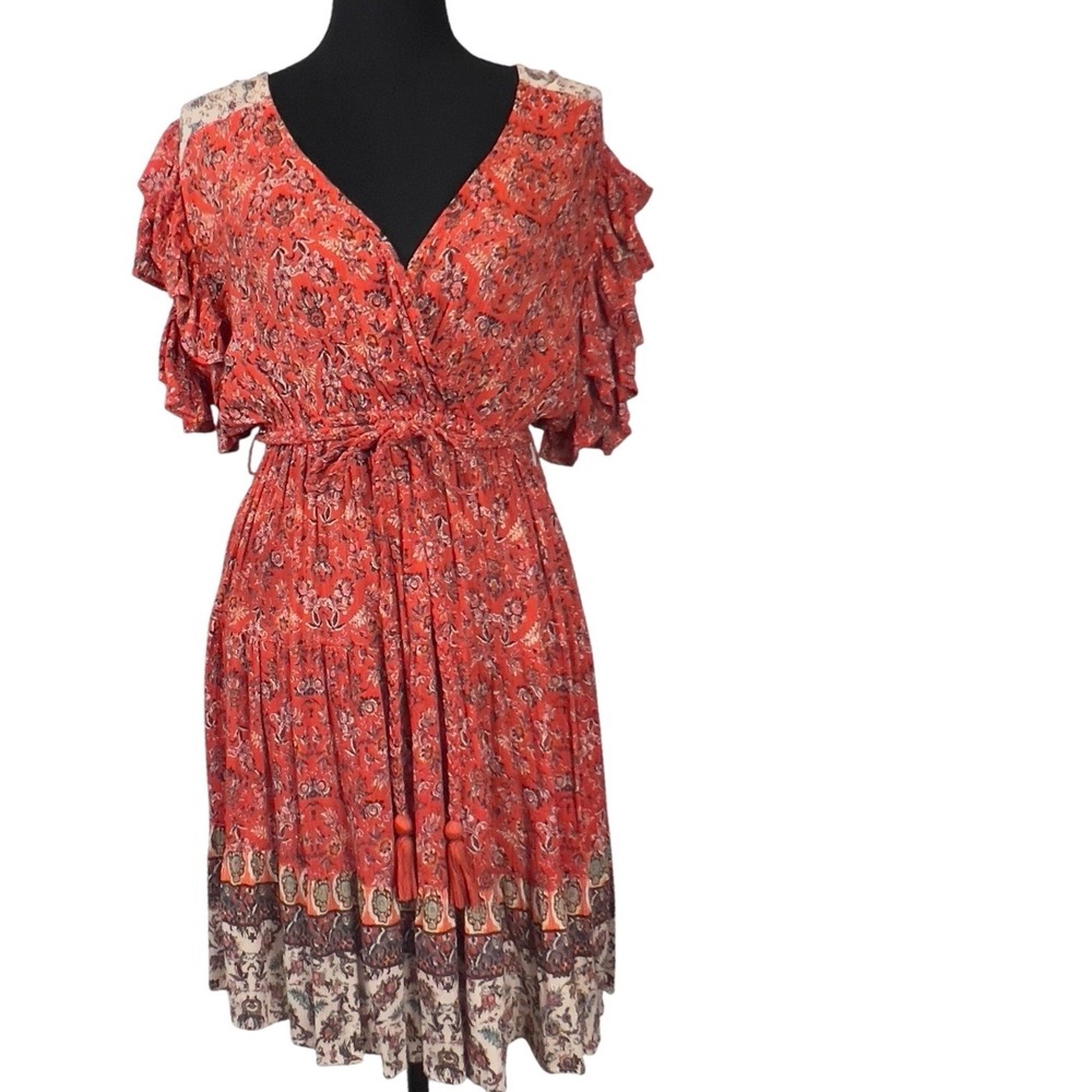 Angie Ruffle Sleeve Tiered Mini Dress Red Floral Western Vibe Boho Country‎ Chic
